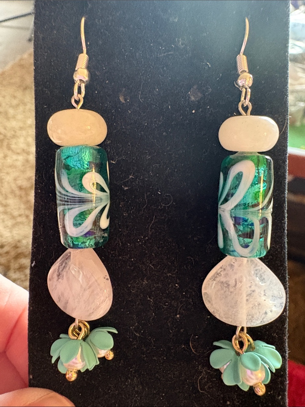 Hand Crafted Green Iridescent Glass & Rose Quartz Drop Earrings
